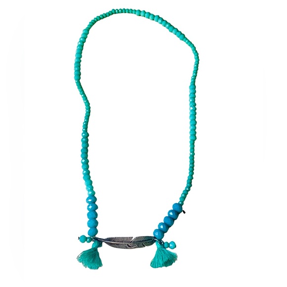 NEW Turquoise Color Faceted Glass Beaded Silver Plated Feather Woman’s Necklace - Picture 2 of 7